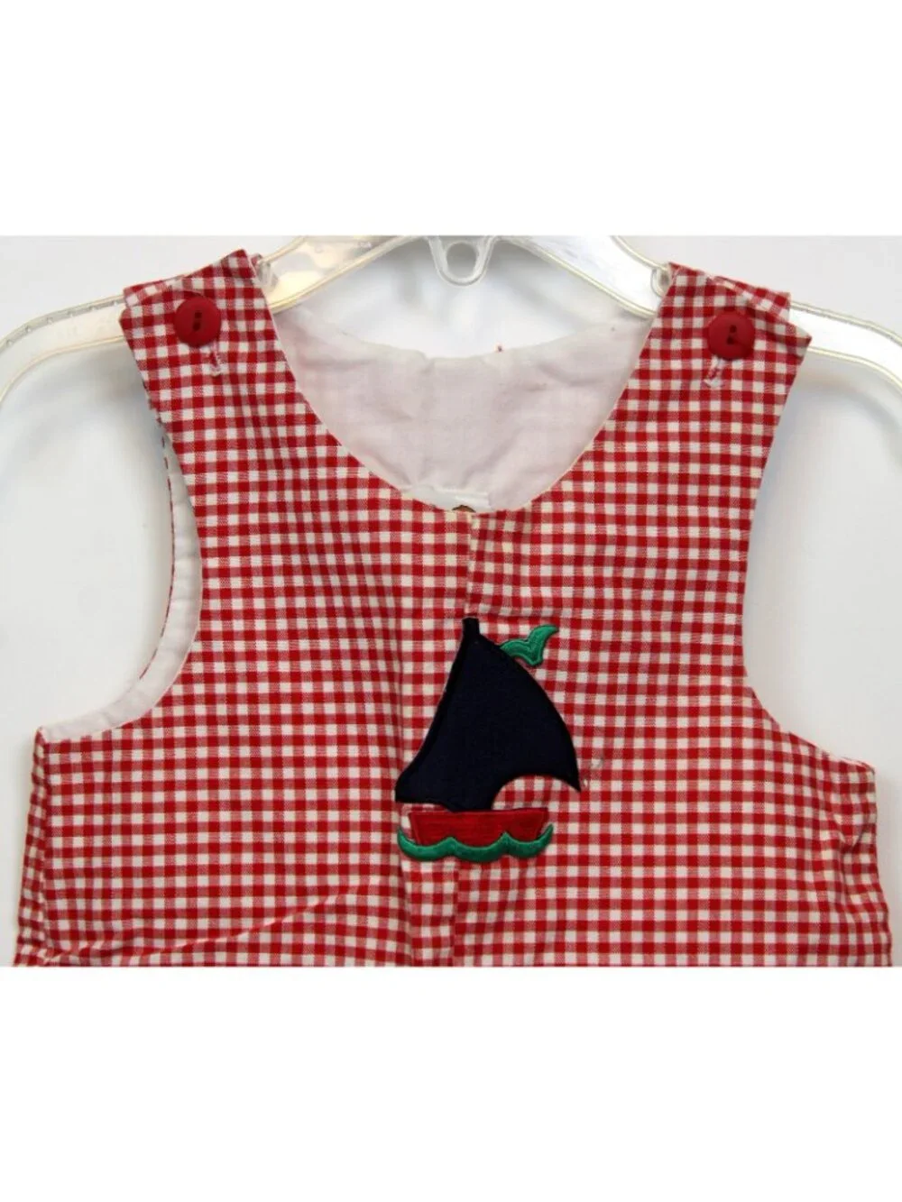 VTG Pete's Partners Jon Jon Romper & Hat Red Boys sz 12m Sailboat Red Gingham